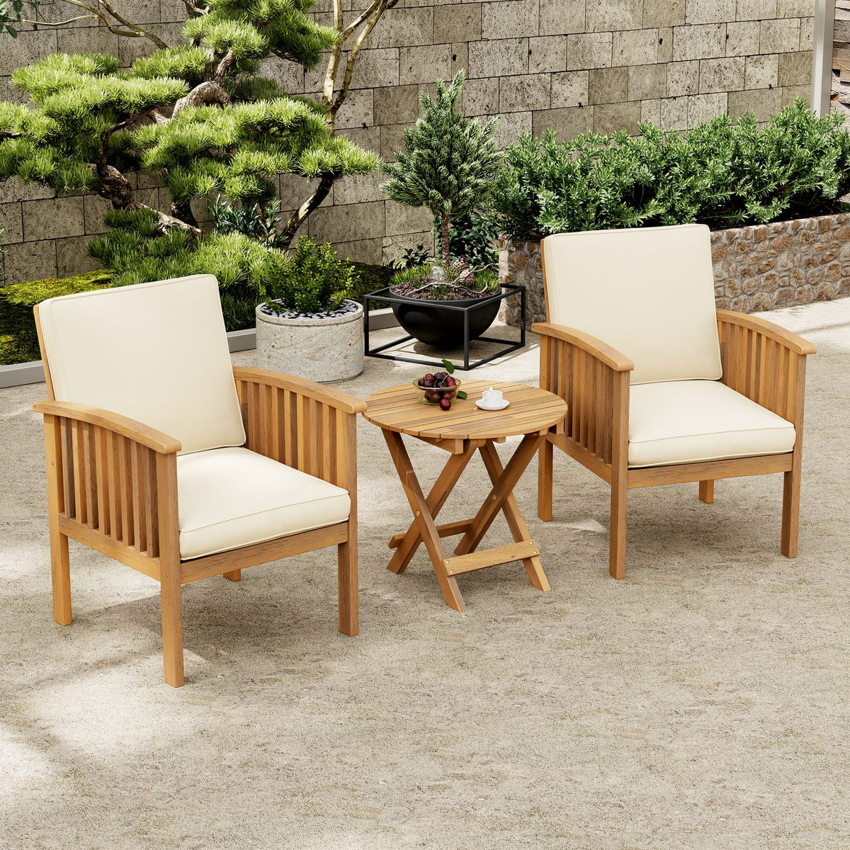 Brown Acacia Wood Patio Set - 2 Club Chairs with Cream Cushions & Foldable Table