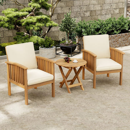 Brown Acacia Wood Patio Set - 2 Club Chairs with Cream Cushions & Foldable Table