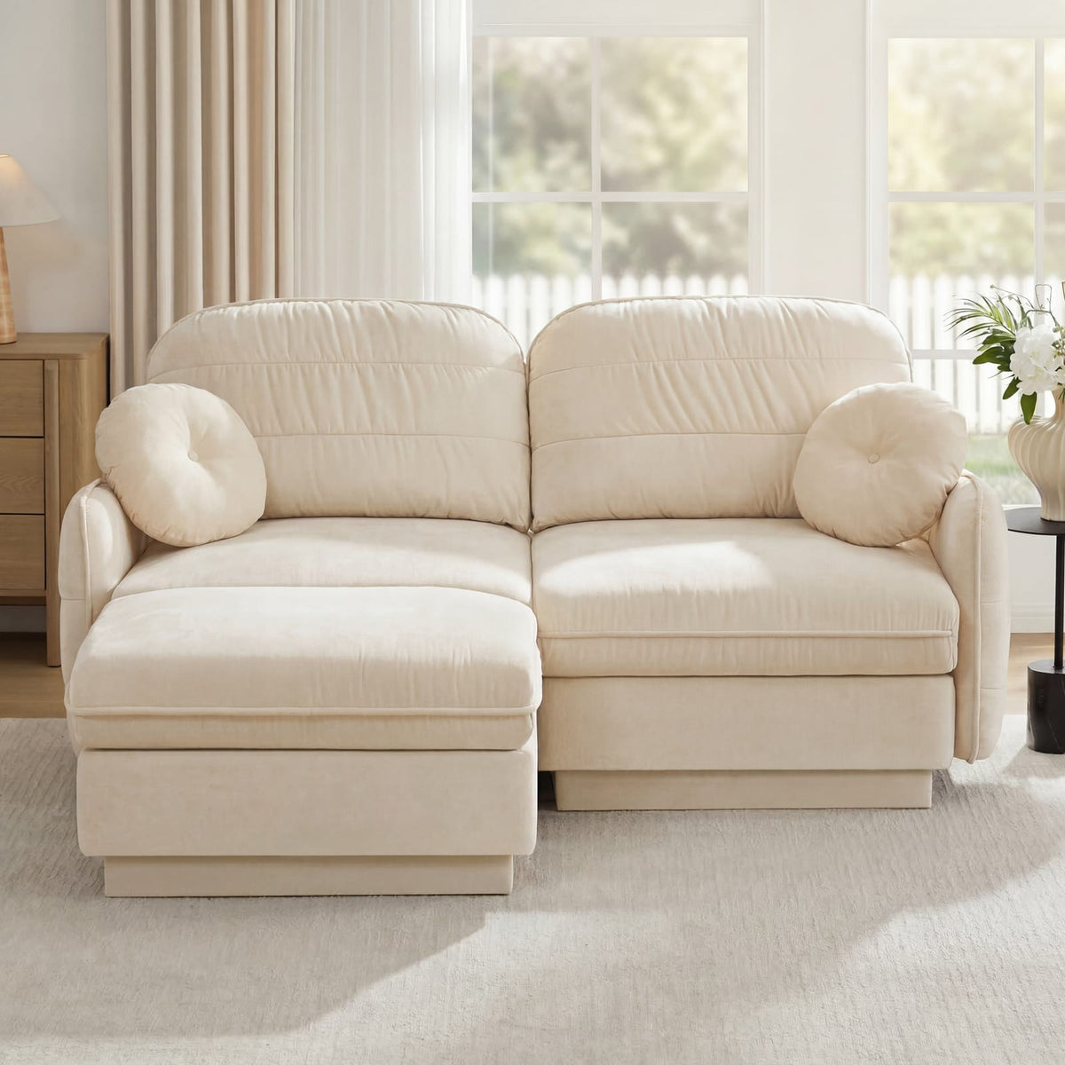 Cream Beige Chenille Cloud Sofa with Ottoman, Modular L-Shape Lounge for Living Room