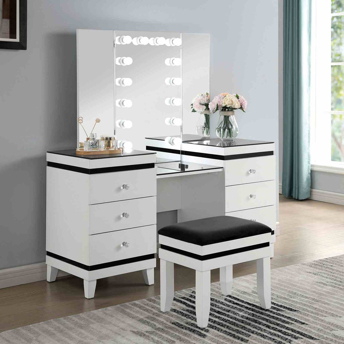 Black & White Fabric Bedroom Vanity Set with 5 Drawers