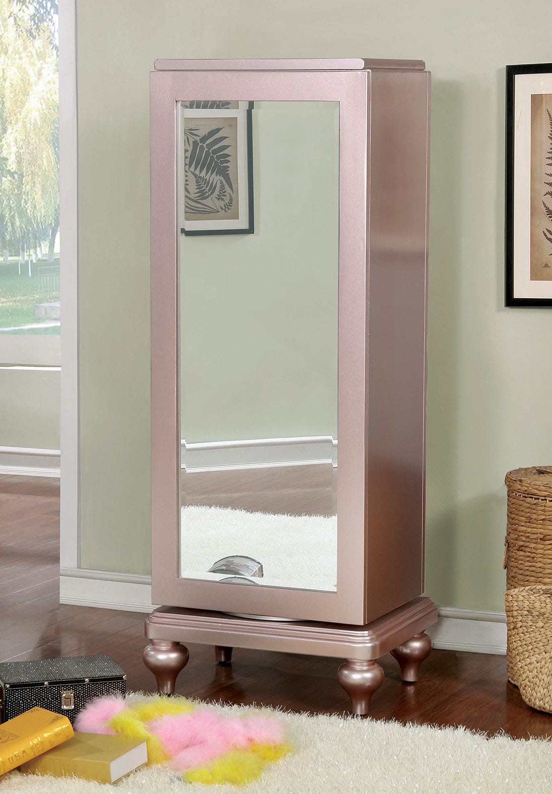 Contemporary Rose Gold Swivel Dresser - Mirror Trim Bedroom Storage