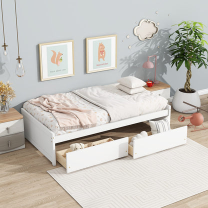 Twin Size Bed with 2 Drawers - White Rubber Wood Frame for Bedroom