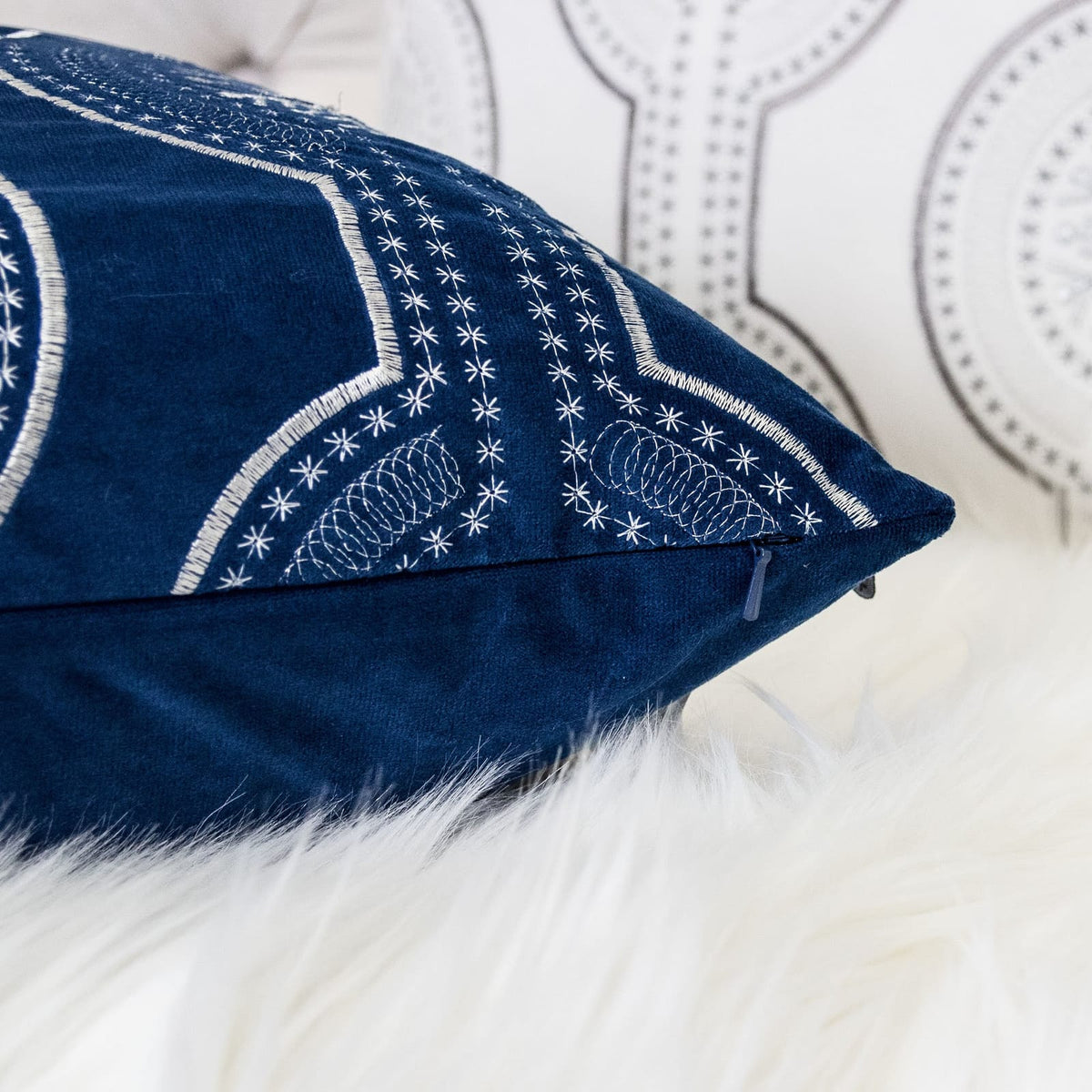 Blue Velvet Throw Pillow with Snowflake Embroidery - 20x20