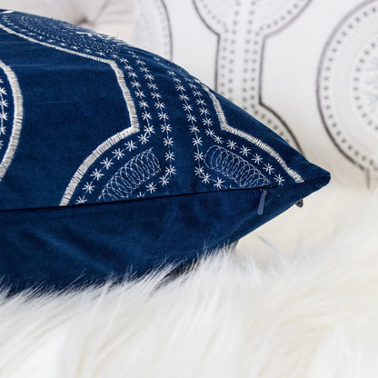 Blue Velvet Throw Pillow with Snowflake Embroidery - 20x20