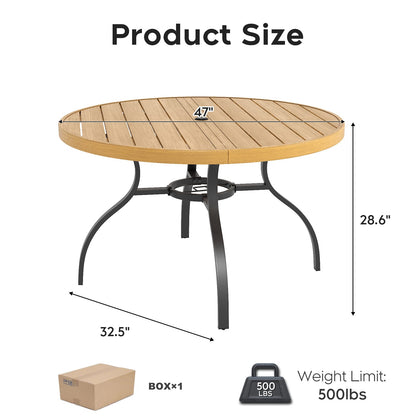 Round Faux Wood Patio Table - 47" with Umbrella Hole, Black Iron Legs