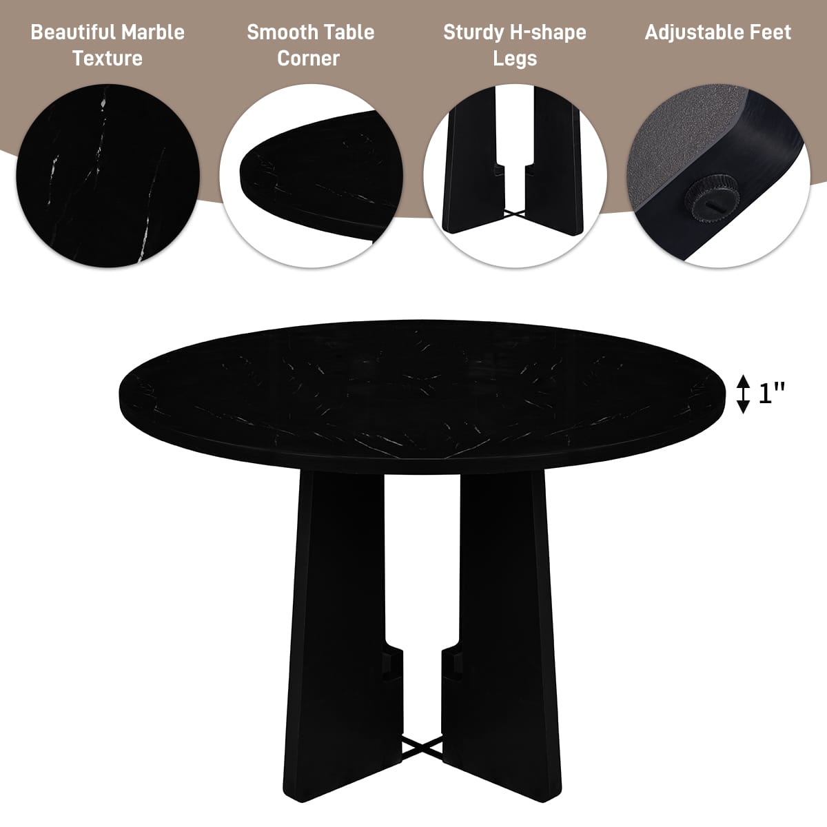 Round Dining Table - 43 Inch Black MDF Tabletop