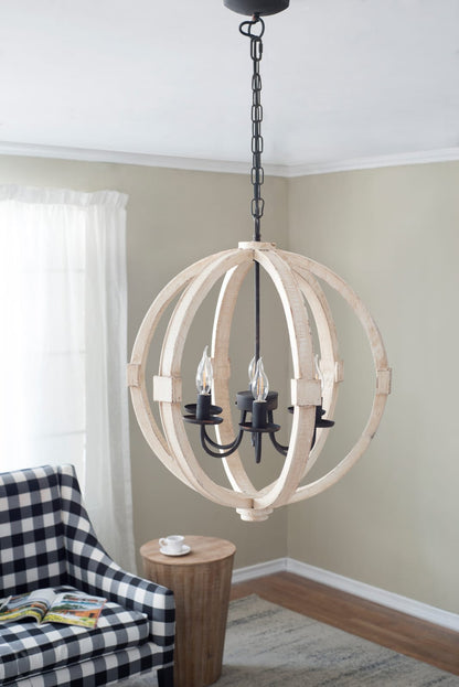 6-Light Wood Chandelier - White Pine, Kitchen Dining Room