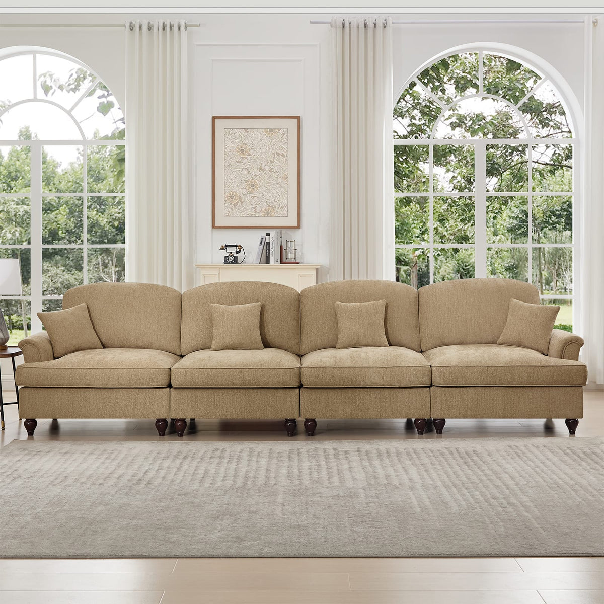 Light Coffee Chenille 4 Seat Sofa - Removable Ruffles for Living Room