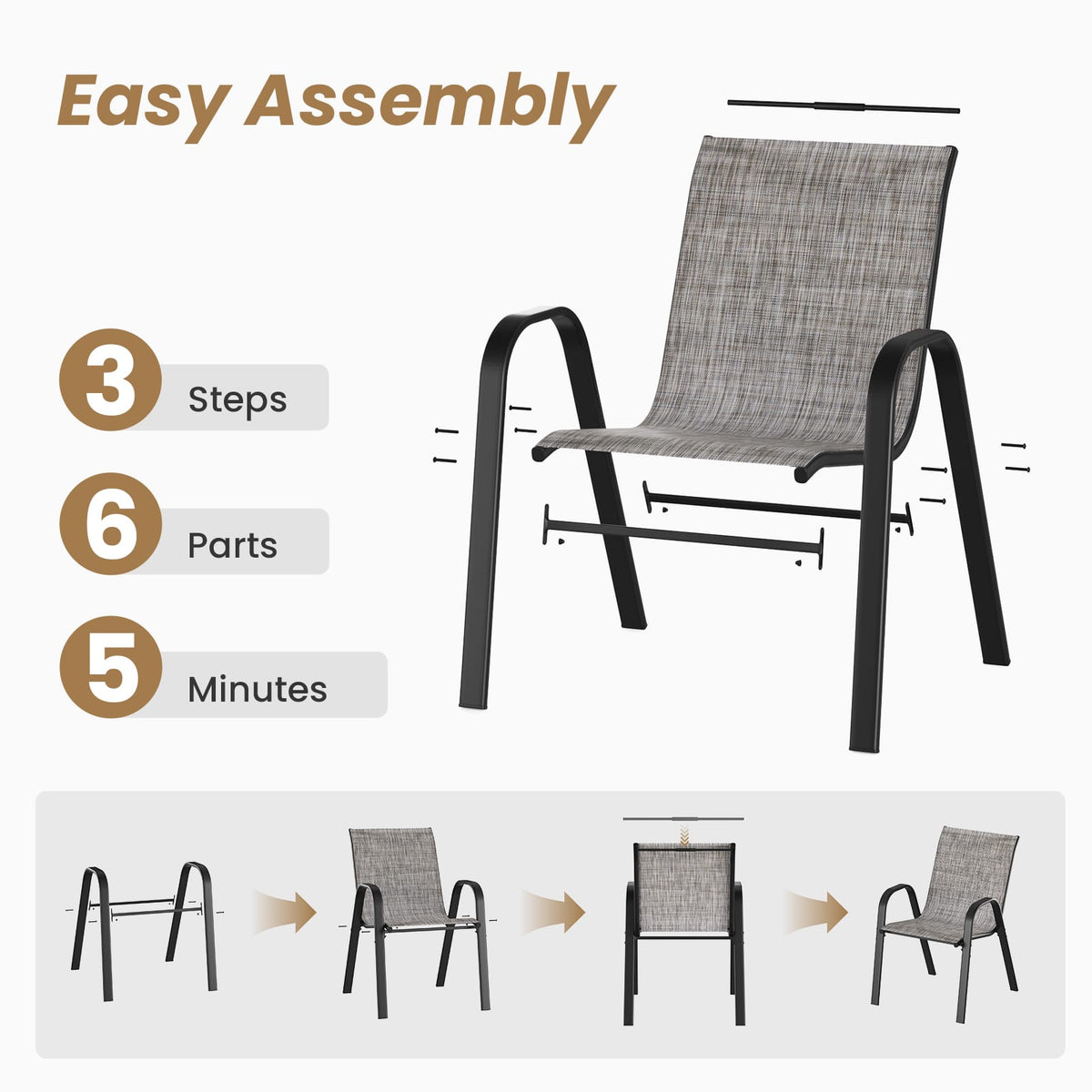 Grey Metal Stackable Patio Chairs - Set of 4