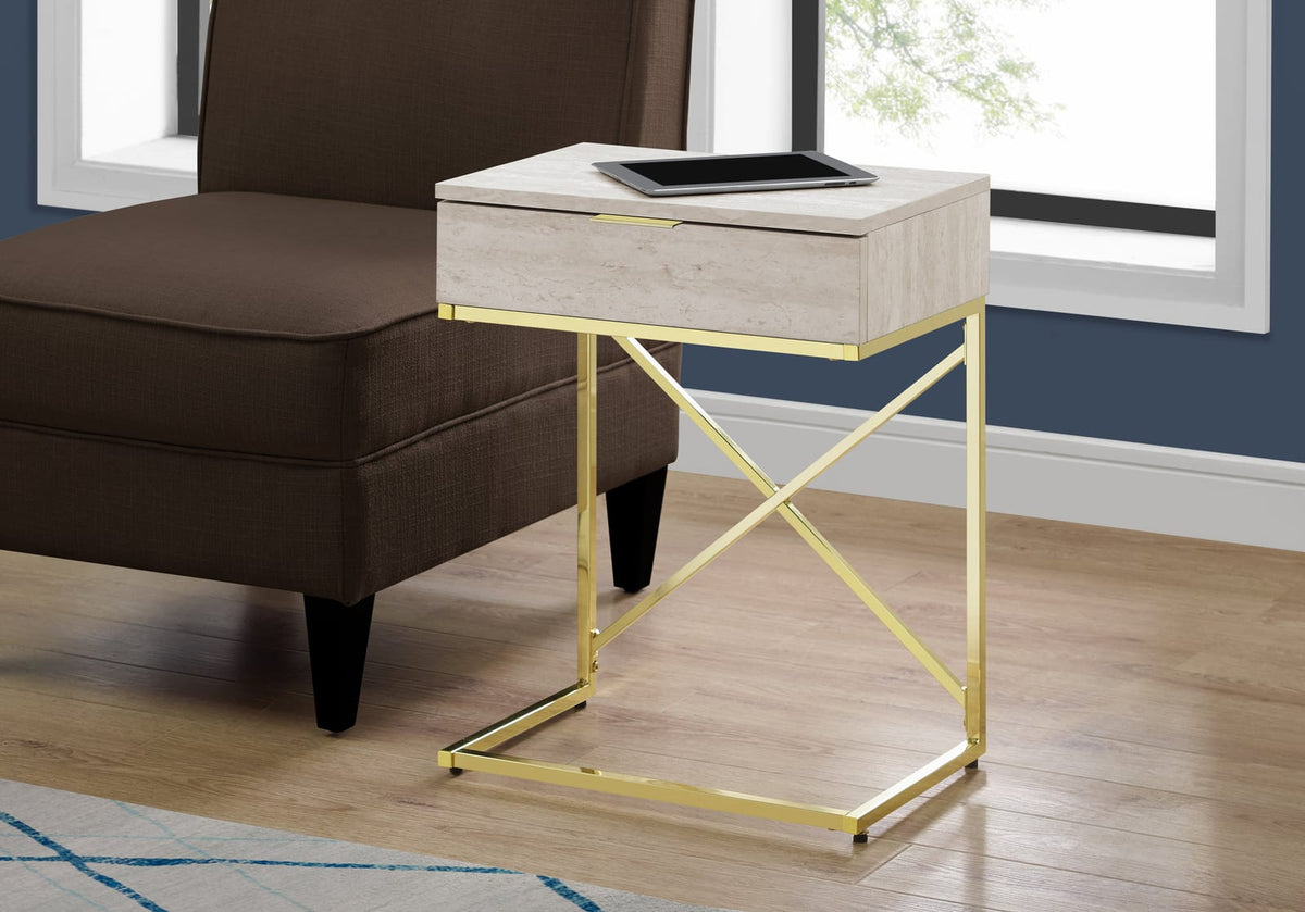 Beige Accent Table - Storage Drawer Side Table, Marble Look