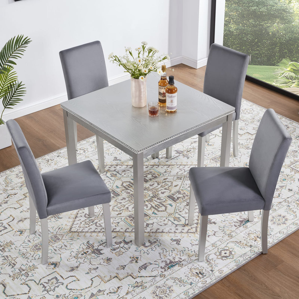 Silver Grey Square Dining Table Set - 4 Chairs