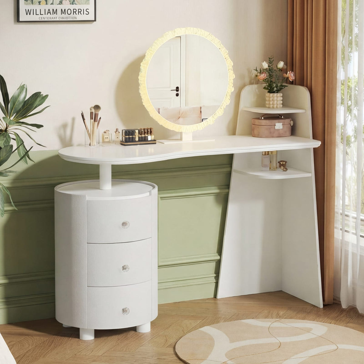 White MDF Makeup Vanity with Round Mirror & LED Light for Bedroom