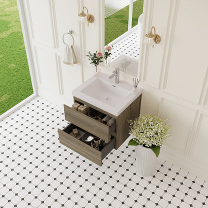 Grey Wood Bathroom Vanity with Sink - Wall Mounted Storage