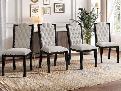 6-Person Black Dining Table Set - Rectangular Solid Wood Table & Upholstered Chairs
