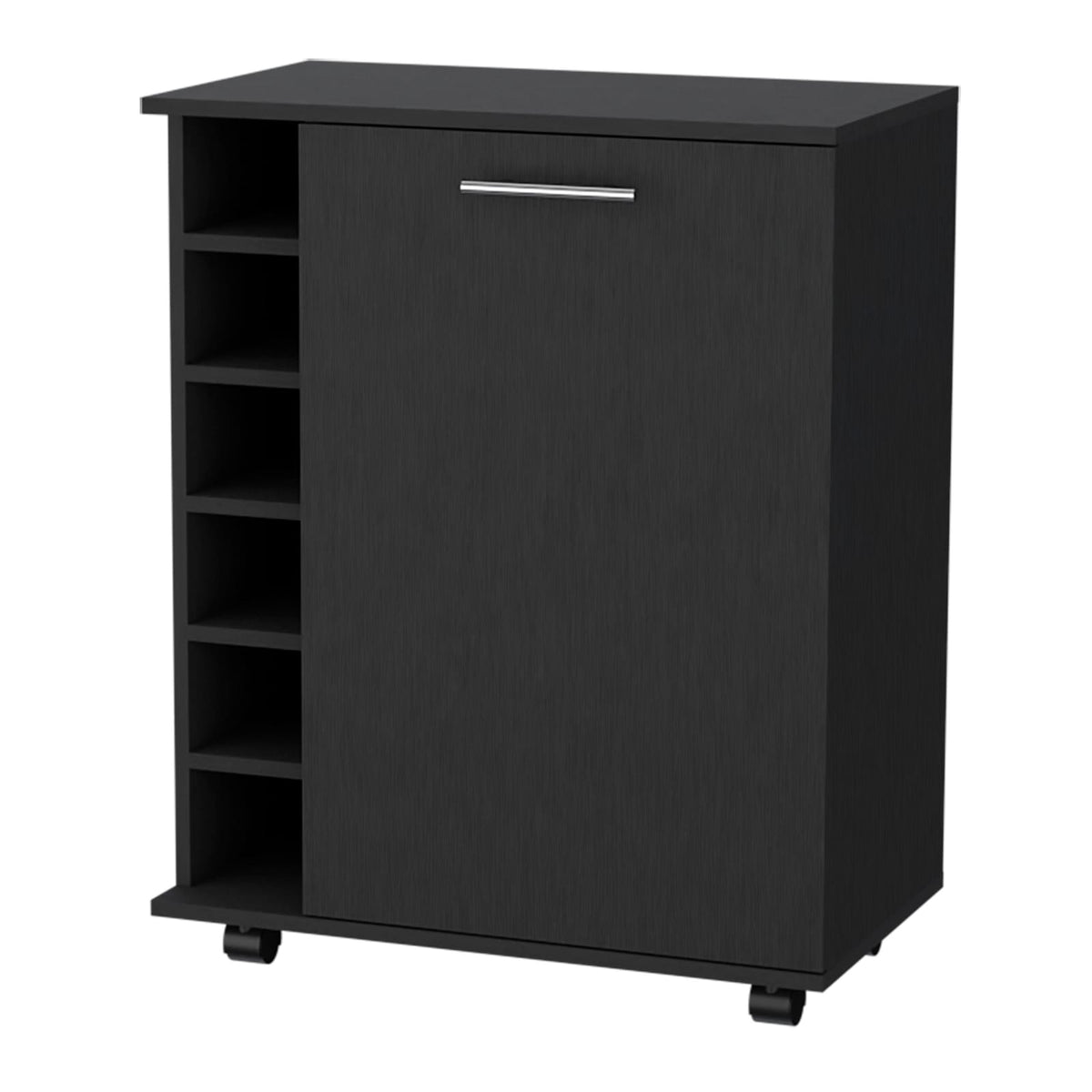 Rawlins Bar Cart - Black Engineered Wood, 6 Bottle Rack for Living Room