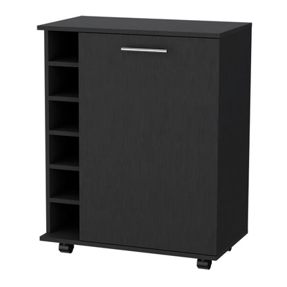 Rawlins Bar Cart - Black Engineered Wood, 6 Bottle Rack for Living Room