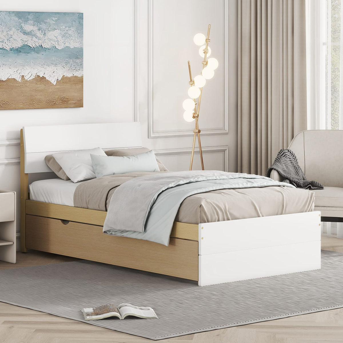 Modern Twin Bed Frame with Light Oak Trundle - White High Gloss