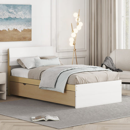 Modern Twin Bed Frame with Light Oak Trundle - White High Gloss