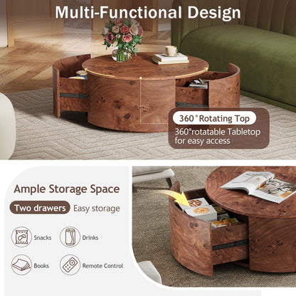 Walnut Burl Wood Rotating Coffee Table with Drawers for Living Room