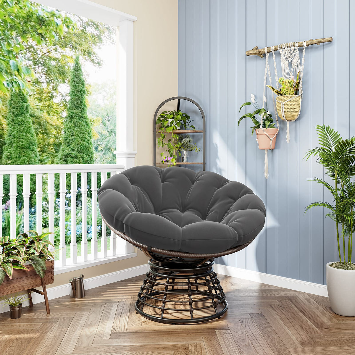 Grey Ergonomic Wicker Papasan Chair - 360° Swivel Indoor Outdoor Rattan Seat