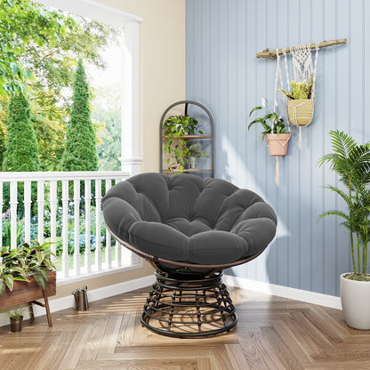 Grey Ergonomic Wicker Papasan Chair - 360° Swivel Indoor Outdoor Rattan Seat