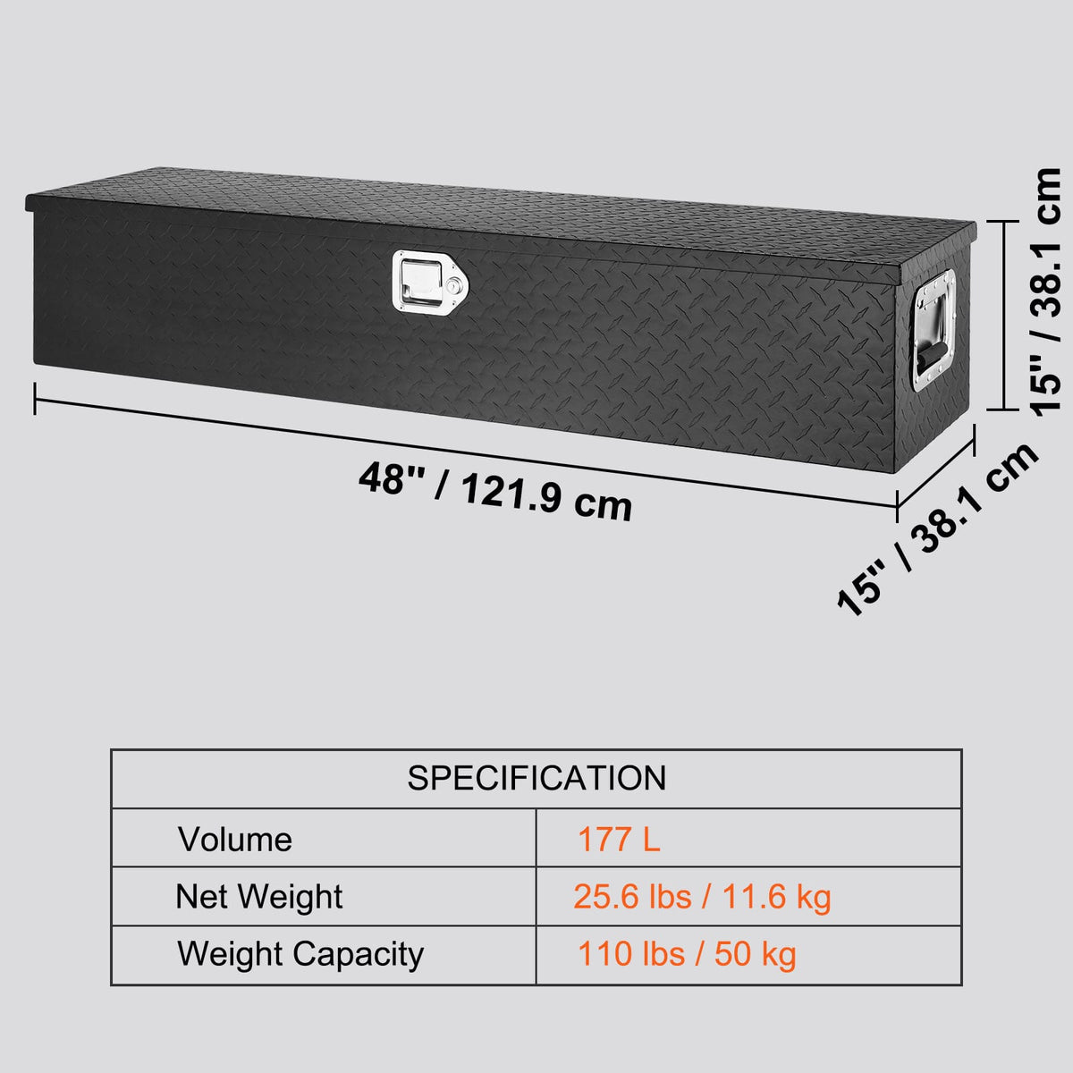 Black Aluminum Truck Toolbox with Lock for Vehicle Storage