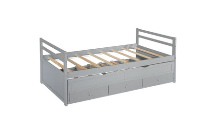 Twin Size Bed with Headboard Grey Pine Wood Frame