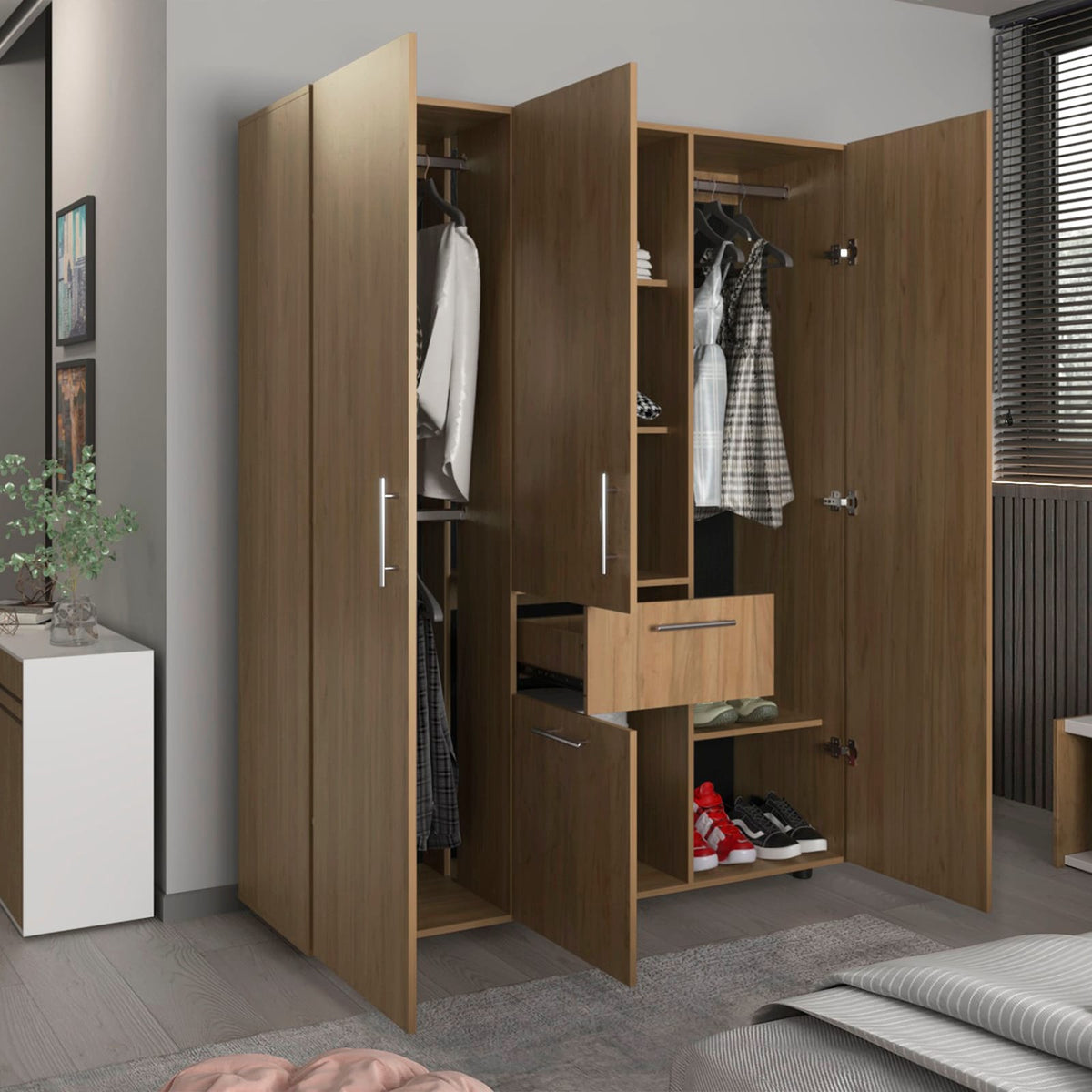 70" Light Oak Bedroom Dresser with Four Doors & Drawer