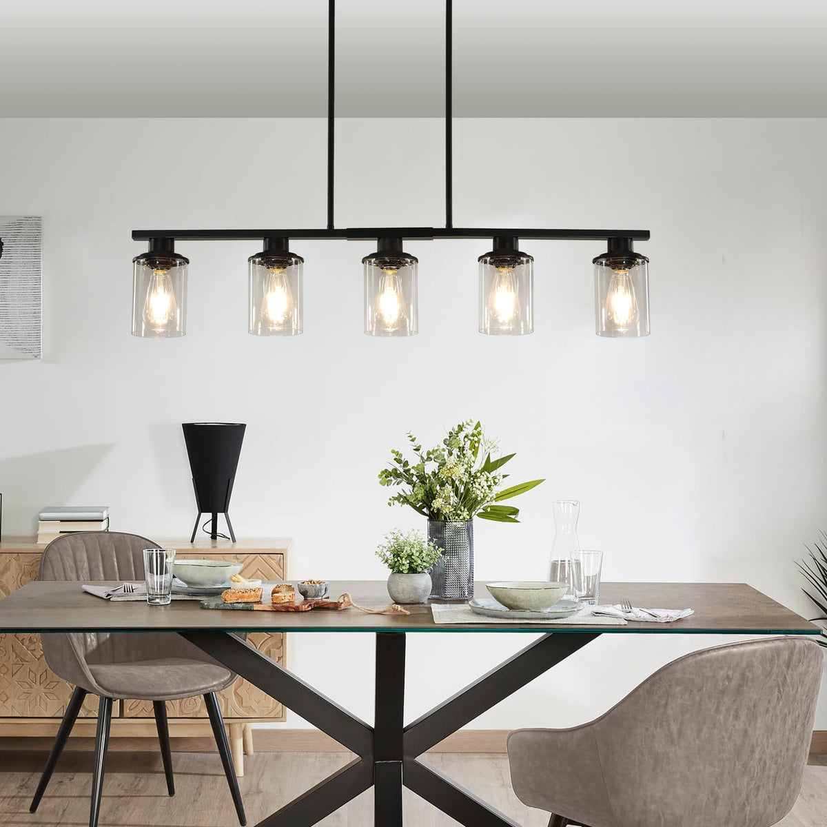 37" Modern Industrial Chandelier - Black Metal, 5 Lights