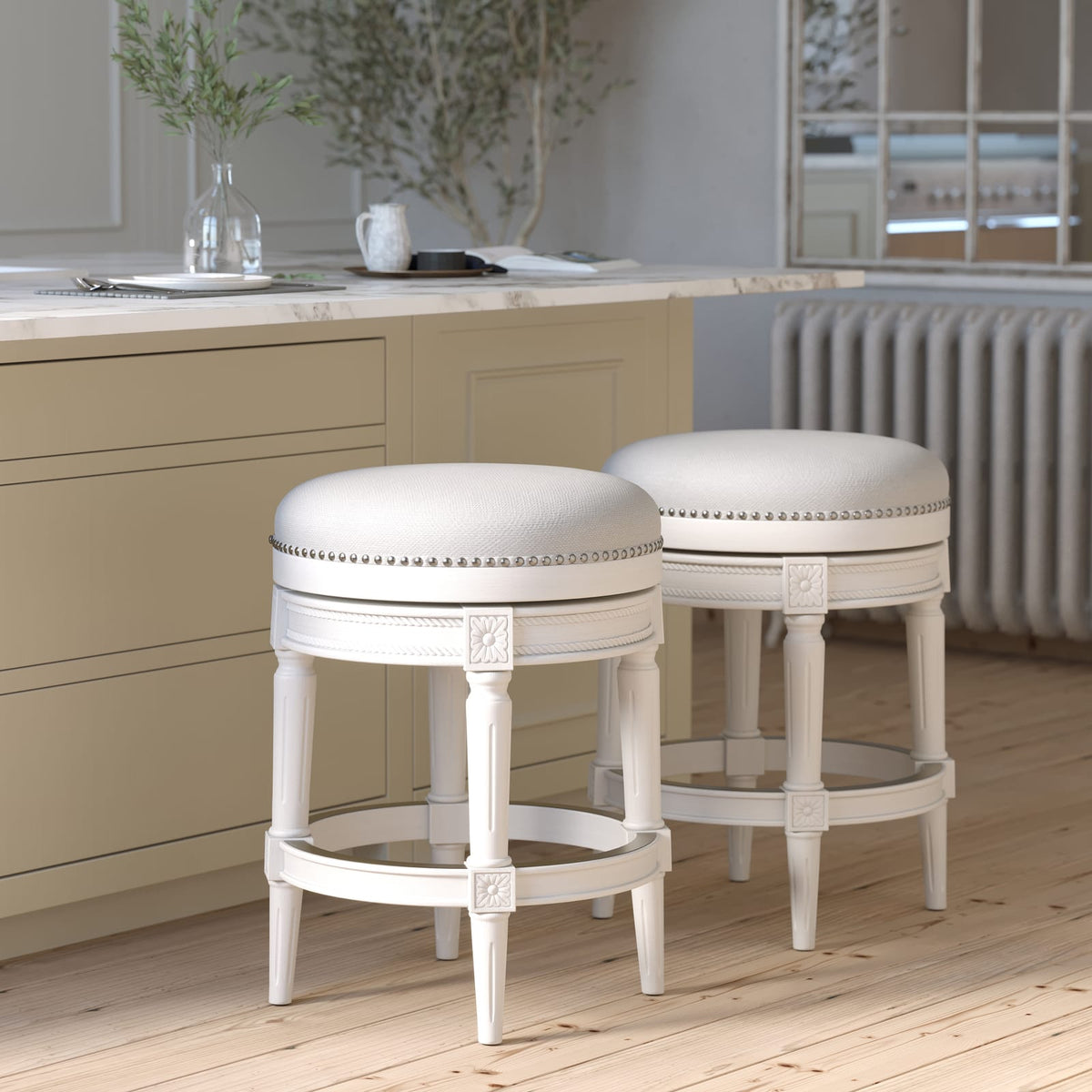 26in. Swivel Barstool - White Wood & Fabric