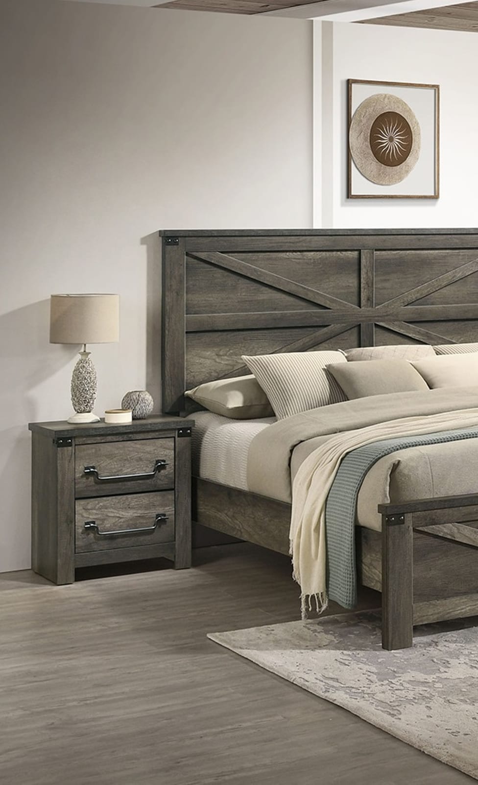 Gray 2 Drawer Bedside Cabinet Nightstand - Farmhouse Style