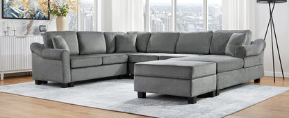 Dark Gray Chenille 6 Seat Sectional Sofa with Storage Ottoman