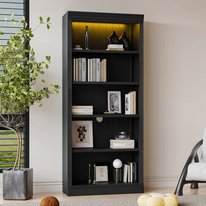 83 Inch Black Wood Bookcase with LED Light Strip
