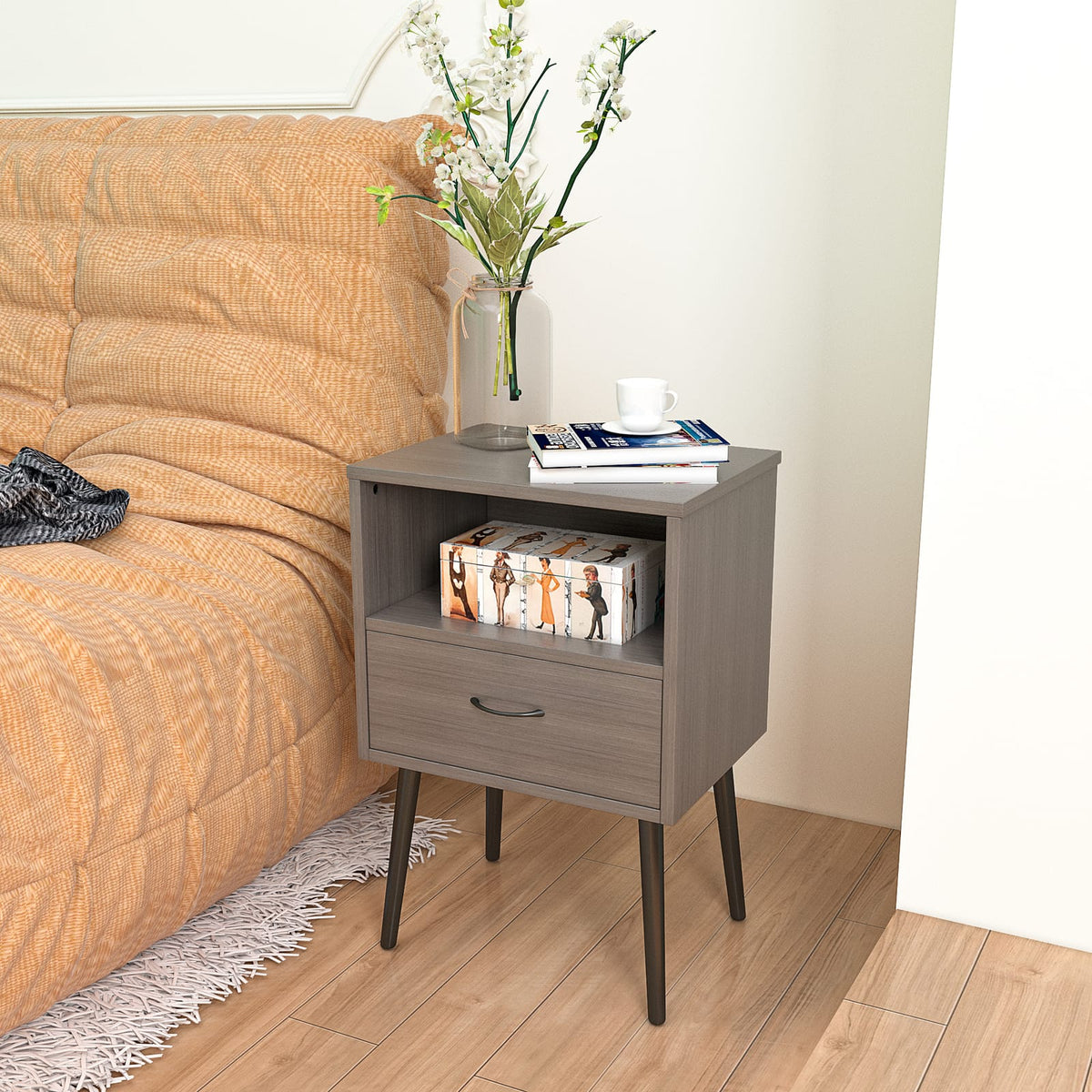 Grey MDF Nightstand with Storage Drawers - Small Bedroom Table