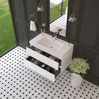 35.4 Inch Glossy White Wall-Mounted Bathroom Vanity with Resin Sink