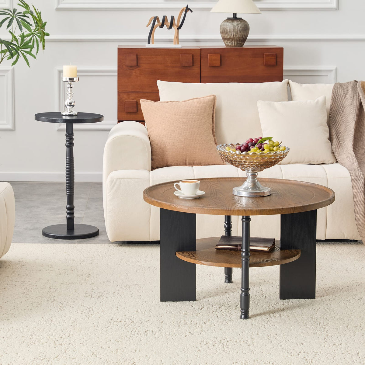 Round Coffee Table Set - Walnut & Black MDF Table with Storage for Living Room