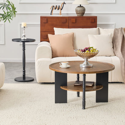 Round Coffee Table Set - Walnut & Black MDF Table with Storage for Living Room
