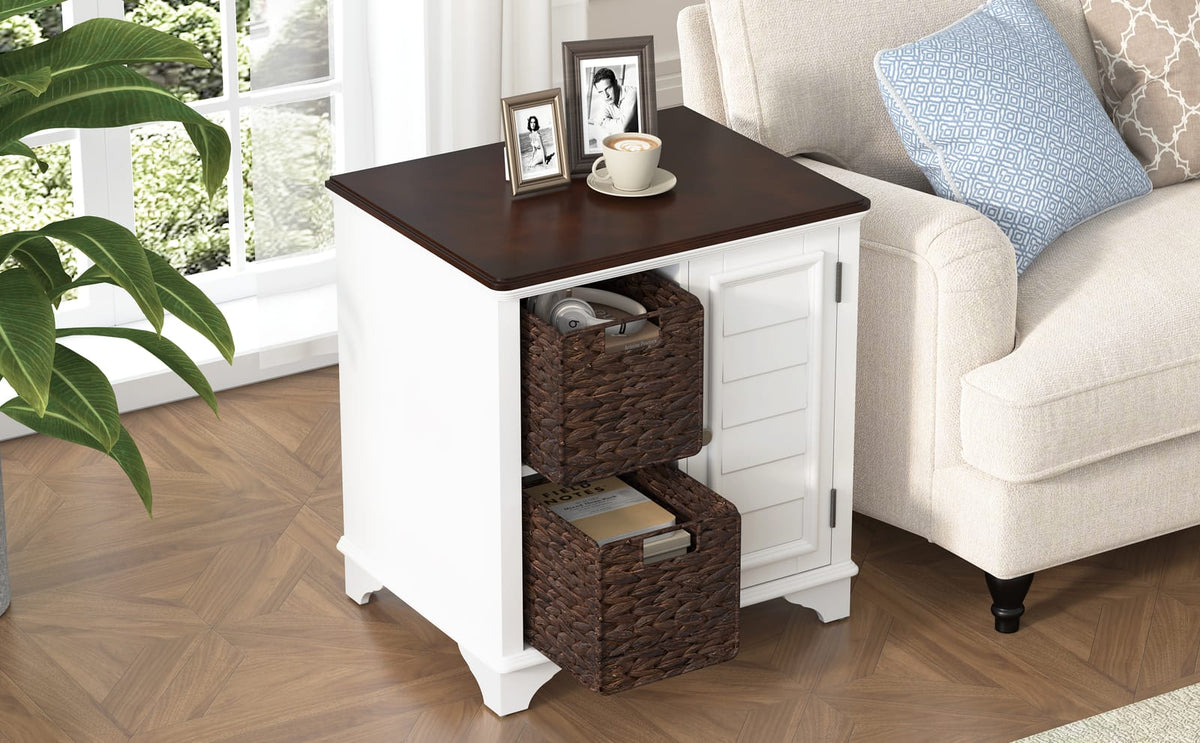 White MDF End Table with Baskets - 23.1" x 18.1"