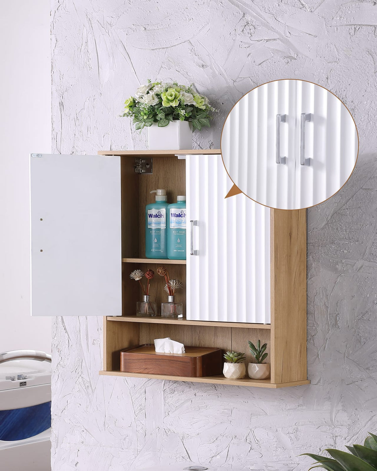 White & Natural Bathroom Storage Cabinet - Wall Mounted