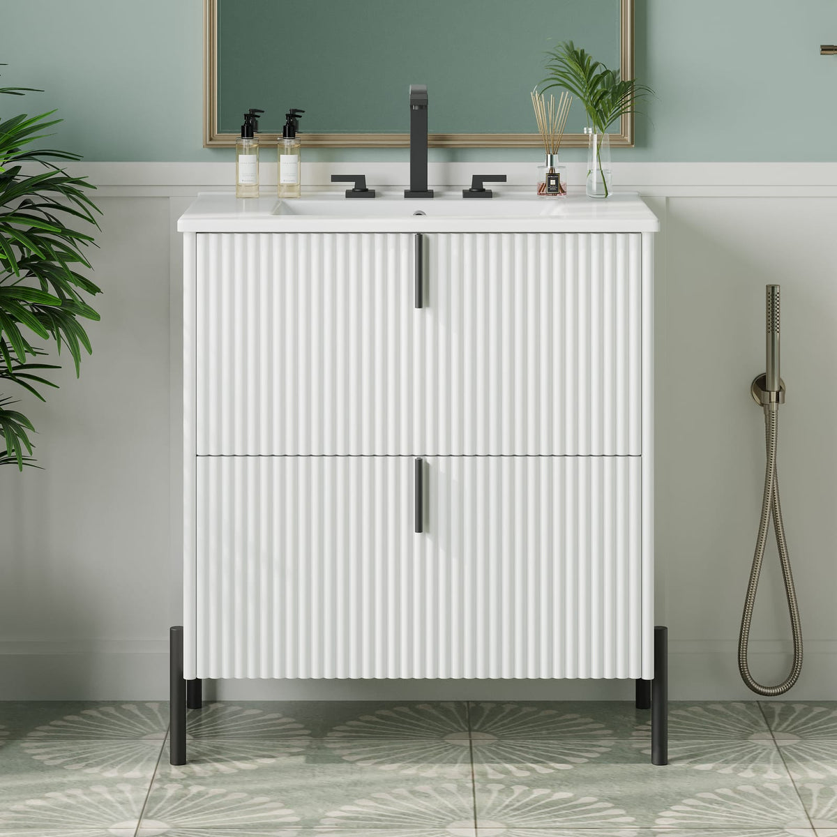 White Bathroom Vanity with Ceramic Sink - 30" Storage