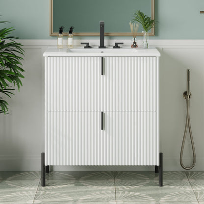 White Bathroom Vanity with Ceramic Sink - 30" Storage