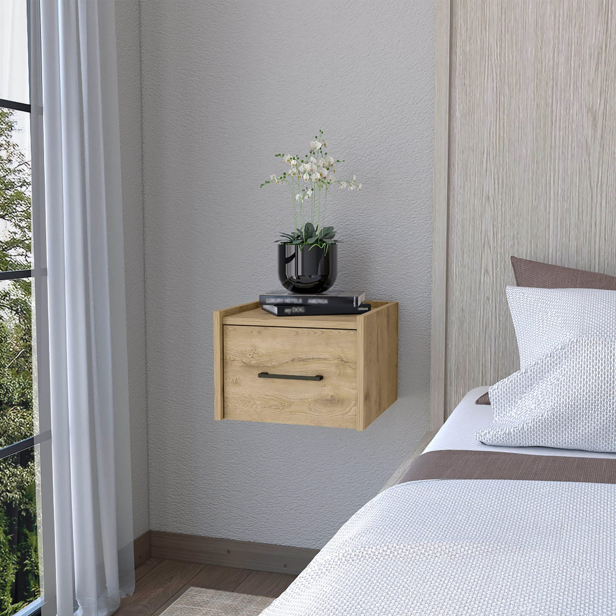 Beige Wall-Mounted Nightstand with Single Drawer Storage for Bedroom