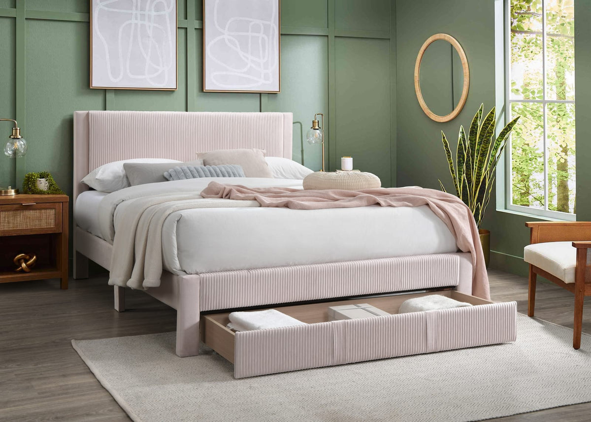 Contemporary Queen Bed Frame - Light Pink Corduroy Storage