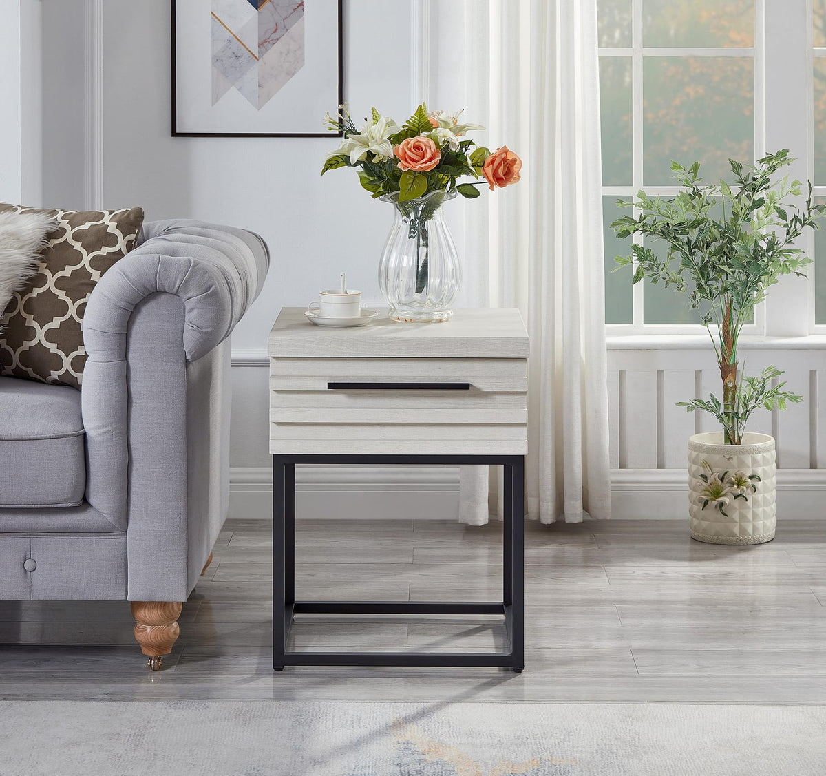 Celestial Contemporary Storage End Table - White Wood Metal