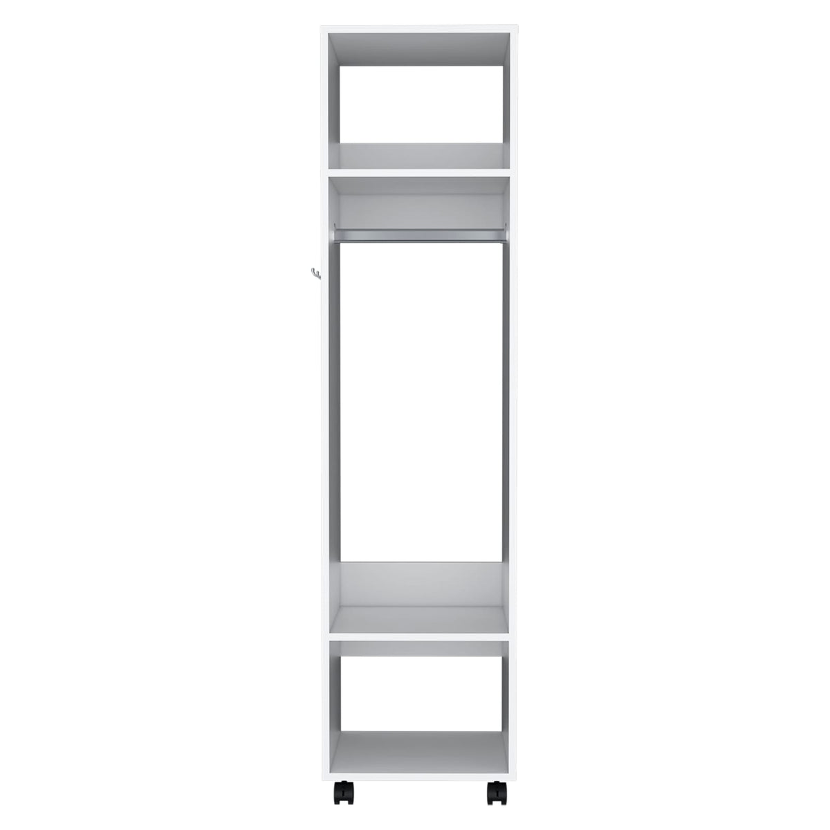 White Wooden Wardrobe with Wheels, Three Shelves, and Full-Length Mirror for Bedroom