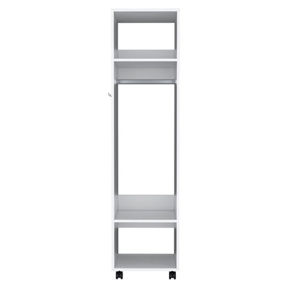 White Wooden Wardrobe with Wheels, Three Shelves, and Full-Length Mirror for Bedroom