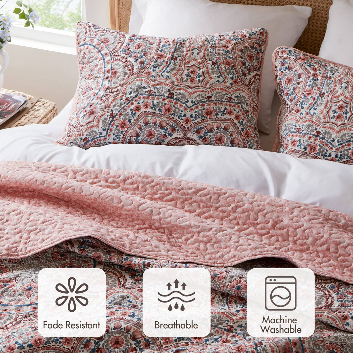 3-Piece King Boho Floral Reversible Quilt - Pink Polyester