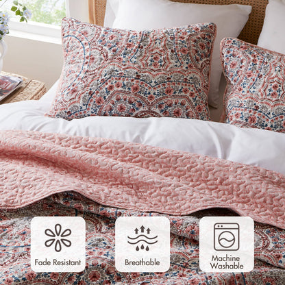 3-Piece King Boho Floral Reversible Quilt - Pink Polyester