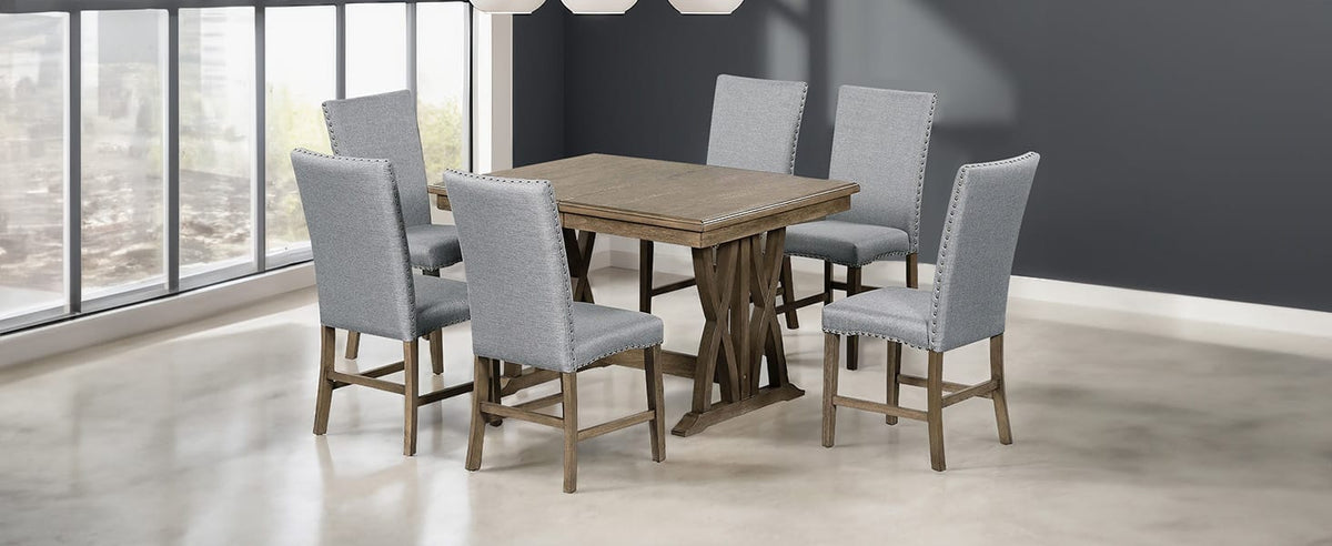 Mid-Century Solid Wood Dining Table Set - 7 Piece with Upholstered Chairs