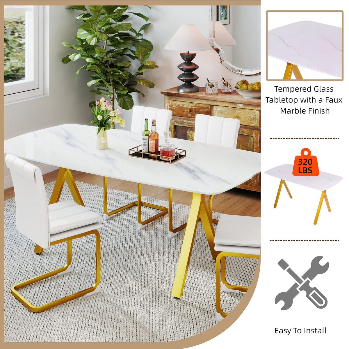 Gold Glass Dining Table - Rectangular Tempered Glass Tabletop